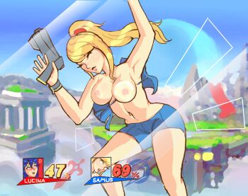  2girls against_glass armpits blonde_hair blue_eyes blush breast_press breasts breasts_on_glass closed_eyes fire_emblem gun handgun heart large_breasts laser lucina_(fire_emblem) metroid metroid_fusion multiple_girls navel nintendo nipples pistol ponytail samus_aran shorts skin_tight sunbeam_(artist) super_smash_bros. tongue tongue_out wardrobe_malfunction weapon zero_suit 