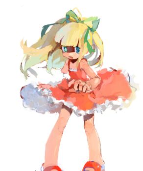  1girl bad_drawr_id bad_id blonde_hair blue_eyes bow dress green_bow looking_to_the_side mega_man_(series) non-web_source oekaki ohiam open_mouth red_dress red_shoes roll_(mega_man) sandals shoes solo white_background wind wind_lift 