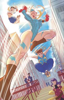  6+girls acecore2k blonde_hair blue_bodysuit blue_leotard blue_skirt bodysuit boots braid brown_boots brown_eyes brown_hair cammy_white capcom character_request chun-li city closed_eyes commentary curvy double_bun earrings english_commentary fingerless_gloves gloves hair_bun hair_ribbon highleg highleg_leotard highres jewelry kasugano_sakura kicking leg_markings leotard linea_alba midriff multiple_girls official_alternate_costume open_mouth outdoors pleated_skirt purple_hair rainbow_mika red_gloves red_lips red_sports_bra ribbon rose_(street_fighter) school_uniform serafuku skirt sphere_earrings sports_bra street_fighter street_fighter_zero_(series) twintails wide_hips yellow_ribbon 