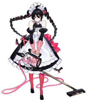  1girl ahoge apron black_hair black_shoes buzhengzhengzai cleaning frilled_skirt frills gloves hashtag-only_commentary highres holding_vacuum_cleaner maid maid_apron maid_headdress multicolored_hair original pantyhose pink_gloves red_hair red_pantyhose rubber_gloves shoes skirt solo sweat twintails vacuum_cleaner white_background 