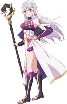  1girl anime_coloring arm_guards armpits blush breasts closed_mouth dress elf from_side full_body grey_hair hirayama_madoka holding holding_staff large_breasts long_hair long_sidelocks looking_at_viewer mage_staff mariabelle_(elf-san) nihon_e_youkoso_elf-san. official_art open_mouth pointy_ears purple_eyes sandals sidelocks simple_background smile solo staff standing thighs transparent_background very_long_hair  rating:Sensitive score:5 user:danbooru