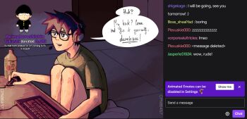  1boy bottle character_doll commentary computer_keyboard cpn86457 doll english_commentary english_text glasses headphones highres kageyama_ritsu kageyama_shigeo livestream mob_psycho_100 shirt sitting speech_bubble t-shirt twitch.tv 