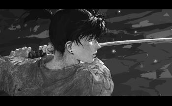  1boy black_border border chainsaw_man closed_mouth commentary_request earrings fieroo greyscale hayakawa_aki highres holding holding_sword holding_weapon jewelry katana letterboxed lips male_focus monochrome nose short_hair solo sword topknot weapon 