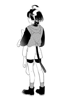  1boy ahoge animal_ear_hood bike_shorts bike_shorts_under_shorts cat_tail check_commentary commentary_request fake_animal_ears fake_tail from_behind greyscale highres holding holding_stuffed_toy hood hoodie kieran_(pokemon) long_sleeves male_focus mole mole_on_neck monochrome naruse_makoto nintendo pokemon pokemon_sv short_hair shorts solo stuffed_animal stuffed_cat stuffed_toy tail white_background 