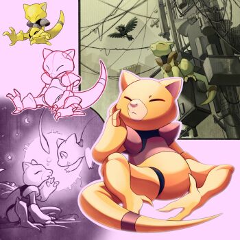 abra beak bird cable claws closed_eyes colored_skin commentary_request crescent flying gen_1_pokemon gen_2_pokemon highres legendary_pokemon looking_at_another looking_up mew_(pokemon) murkrow mythical_pokemon nintendo no_humans pokemon pokemon_(creature) pokemon_focus pokemon_frlg power_lines shoupitsuki sitting sketch speaker star_(symbol) tail utility_pole yellow_skin