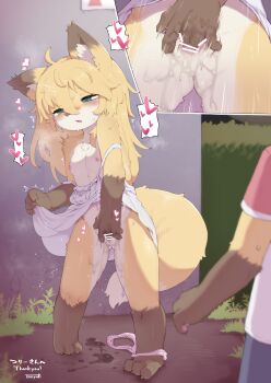  1boy 1girl ahoge animal_ear_fluff animal_ears animal_feet animal_nose artist_name bar_censor bare_shoulders barefoot blonde_hair blue_eyes blurry blurry_foreground blush breath censored center_frills claws close-up clothes_lift clothes_pull collarbone comic commission dress dress_lift dress_pull exhibitionism female_masturbation fingering flat_chest fox_ears fox_girl fox_tail frills furry furry_female furry_male hair_between_eyes half-closed_eyes head_out_of_frame heart heel_up highres legs lifting_own_clothes loli long_hair masturbation motion_lines multiple_views night nipples nose_blush open_mouth original outdoors panties panties_around_ankles panties_around_leg panty_pull pawpads pigeon-toed pink_panties public_indecency pussy_juice sidelocks signature sleeveless sleeveless_dress spaghetti_strap speech_bubble spoken_heart steam steaming_body tail thank_you thighs toes trembling underwear vaginal white_dress yeti_(mu_kaiten)  rating:Explicit score:120 user:AngryZapdos