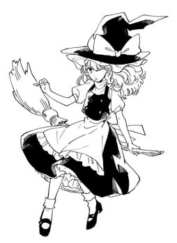  1girl :o apron back_bow bow braid broom broom_riding buttons commentary_request frilled_apron frills full_body greyscale hair_bow hair_over_one_eye hand_up hat hat_bow kirisame_marisa long_hair monochrome natsume_(menthol) one_eye_covered petticoat shirt shoes single_braid skirt socks solo touhou vest white_background witch_hat 