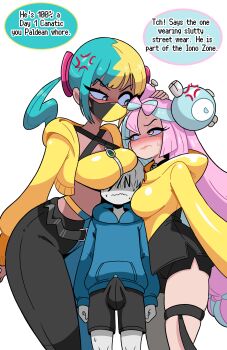  1boy 2girls absurdres age_difference anger_vein breasts bulge canari_(pokemon) clash_of_breasts_(meme) english_text erection erection_under_clothes hetero highres iono_(pokemon) multicolored_eyes multicolored_hair multiple_girls nintendo onee-shota pokemon pokemon_legends:_z-a pokemon_sv precum rivalry sandwiched self-upload shota size_difference tagme unepicroachy  rating:Explicit score:200 user:Symbass