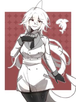  1girl black_gloves black_necktie black_thighhighs border breasts buttons cherrubeam coat collared_shirt colored_skin commentary english_commentary fins fish_tail funamusea genderswap genderswap_(mtf) gloves grey_shirt hand_on_own_chest head_fins highres jitome large_breasts long_hair necktie oounabara_to_wadanohara open_mouth outline red_background red_eyes shark shark_fin shark_girl shark_tail sharp_teeth shirt smile solo syakesan_(funamusea) tail teeth thighhighs very_long_hair white_border white_coat white_hair white_outline white_skin 