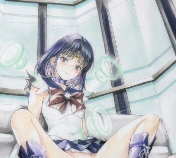  1girl ankle_boots bishoujo_senshi_sailor_moon black_hair blush boots bottomless choker circlet clenched_teeth commentary_request cropped highres indoors katsu_(24791909) leotard looking_at_viewer marker_(medium) medium_hair neck_ribbon paid_reward_available purple_boots purple_choker purple_eyes red_ribbon ribbon sailor_saturn sitting solo tearing_up teeth tomoe_hotaru torn_clothes torn_leotard traditional_media white_leotard 