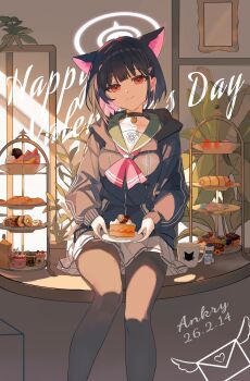  1girl absurdres animal_ears ankry artist_name black_choker black_hair black_jacket black_pantyhose blue_archive cake cake_slice cat_choker cat_ears cat_girl choker closed_mouth colored_inner_hair commentary_request cup cupcake dated dessert donut english_text extra_ears feet_out_of_frame food food_request green_sailor_collar hair_ornament hairclip halo happy_valentine highres holding holding_plate hood hooded_jacket ice_cream indoors jacket kazusa_(blue_archive) looking_at_viewer macaron mug multicolored_hair neckerchief on_table pantyhose pastry pink_hair pink_halo pink_neckerchief plant plate pleated_skirt potted_plant red_eyes sailor_collar short_hair sitting skirt smile solo sunlight swiss_roll table tiered_tray two-tone_hair white_skirt 