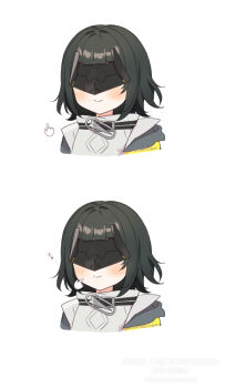  1girl arknights arknights:_endfield black_hair black_jacket blush cheek_poking closed_mouth commentary_request cropped_shoulders endministrator_(arknights) eye_mask female_endministrator_(arknights) grey_sweater hand_cursor jacket mask open_clothes open_jacket poking short_hair signature simple_background smile solo sweater toufu_mentaru_zabuton white_background 