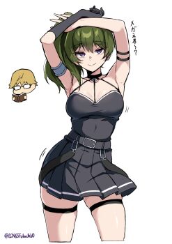  1girl armband armpits arms_up bare_shoulders black_choker black_dress black_gloves blonde_hair breasts chibi chibi_inset choker commentary dress elbow_gloves glasses gloves green_hair halterneck highres kobayashi_macchan land_(sousou_no_frieren) looking_at_viewer medium_breasts pleated_dress purple_eyes side_ponytail simple_background single_elbow_glove single_glove sleeveless sleeveless_dress smile sousou_no_frieren standing suspenders_hanging thigh_strap translated twitter_username ubel_(sousou_no_frieren) white_background 