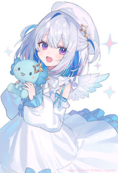  1girl amane_kanata aqua_nails aqua_wings beret blue_hair blush breasts colored_inner_hair commentary_request detached_sleeves dress feathered_wings fingernails grey_hair hat hololive long_sleeves looking_at_viewer medium_breasts mini_wings multicolored_hair nail_polish open_mouth pink_eyes pink_hair shugao simple_background smile streaked_hair twitter_username upao_(amane_kanata) white_background white_dress white_hat white_sleeves white_wings wings 