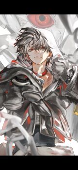  1boy black_border border closed_mouth gachiakuta gloves grey_gloves grey_hair grey_hoodie hashtag-only_commentary highres hood hood_up hooded_jacket hoodie jacket jewelry letterboxed looking_at_viewer male_focus multicolored_hair necklace red_eyes rudo_surebrec short_hair solo straight-on two-tone_hair wolfjamescamer1 