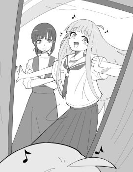  2girls :d absurdres ahoge cho_kaguya-hime! commentary_request cosplay crossed_arms eighth_note full-length_mirror greyscale hair_bun highres itsumeee3 kaguya_(cho_kaguya-hime!) long_hair long_skirt looking_at_viewer mirror monochrome multiple_girls musical_note neckerchief open_mouth pleated_skirt reflection reflection_focus sailor_collar sakayori_iroha sakayori_iroha_(cosplay) school_uniform serafuku short_sleeves single_side_bun skirt smile sweater turtleneck turtleneck_sweater v-shaped_eyebrows very_long_hair 
