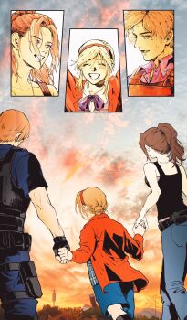  1boy 2girls absurdres blonde_hair brown_hair child claire_redfield commentary_request happy highres holding_hands leon_s._kennedy mihael66 multiple_girls police police_uniform ponytail resident_evil resident_evil_2 resident_evil_2_(remake) sherry_birkin smile sunrise 