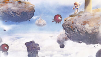  1boy 2others above_clouds absurdres aiming angel angel_wings arrow_(projectile) blue_sky bow_(weapon) brown_hair cloud floating_island highres holding holding_bow_(weapon) holding_weapon kid_icarus kid_icarus_(nes) looking_at_another monoeye multiple_others nintendo one-eyed orioto outdoors pillar pit_(kid_icarus) sky tentacles weapon wings 