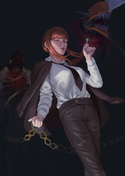  1girl absurdres black_necktie black_pants breasts business_suit candy chain chainsaw_man closed_mouth collared_shirt commentary food formal_clothes gold_chain highres holding holding_candy holding_chain holding_food holding_lollipop large_breasts littleduck307 lollipop long_sleeves looking_at_viewer makima_(chainsaw_man) monster necktie orange_eyes orange_hair pants shirt shirt_tucked_in short_hair sidelocks suit white_shirt 