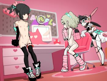  2girls 3girls android aria_(zenless_zone_zero) asymmetrical_legwear backpack bag black_hair black_sleeves blonde_hair bluesalm0n blunt_bangs bow chair cleft_of_venus closed_mouth computer_keyboard desk detached_sleeves flat_chest gloves green_eyes green_hair hair_ornament heart indoors leg_warmers loli monitor multicolored_hair multiple_girls nail_polish nangong_yu navel nipples nude office_chair pink_bag pink_hair pussy randoseru red_eyes robot sandals single_thighhigh sitting standing sunna_(zenless_zone_zero) swivel_chair thigh_strap thighhighs toeless_legwear toenail_polish toenails toes twintails two-tone_hair uncensored zenless_zone_zero 