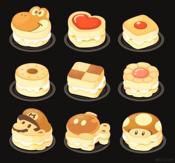  artist_name black_background bob-omb bomb candy chocolate chocolate_heart commentary_request cookie cream explosive flower-shaped_food food food_focus heart heart-shaped_food jam mario mario_(series) mushroom nintendo no_humans rizu_(rizunm) simple_background still_life super_mushroom yoshi 