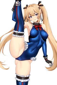  1girl armpits athletic_leotard bare_shoulders black_gloves blonde_hair blue_leotard bodysuit bow bowtie breasts commentary_request covered_navel dead_or_alive fingerless_gloves frilled_leotard frills gloves hair_ornament highleg highleg_leotard highres large_breasts leg_grab leotard long_hair marie_rose red_bow red_bowtie skin_tight sleeveless_turtleneck_leotard smile solo split standing standing_on_one_leg standing_split thighhighs twintails volyz x_hair_ornament  rating:Sensitive score:69 user:danbooru