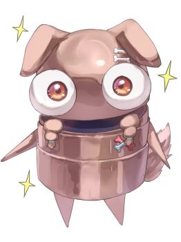  1other animal_ears bone_hair_ornament bow brown_eyes commentary cosplay dog_ears english_commentary hair_ornament highres hololive inugami_korone inugami_korone_(cosplay) lazyramen looking_at_viewer r.e.p.o. robot semibot simple_background sparkle virtual_youtuber white_background 