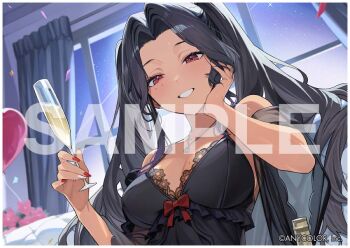  1girl balloon black_hair breasts company_name confetti copyright_notice cup curtains fingernails frills holding holding_cup kouda_hayato_(e-gis) large_breasts looking_at_viewer mole mole_on_breast mole_under_eye nail_polish nijisanji nijisanji_en official_alternate_costume official_alternate_hairstyle official_art red_eyes red_nails sample_watermark scarle_yonaguni scarle_yonaguni_(pajamas) solo tan twintails watermark window 