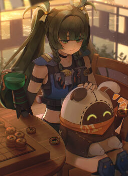  1girl absurdres armlet black_choker black_shirt black_shorts blue_vest blunt_bangs blurry blurry_background bowl braid chair choker closed_mouth commentary english_commentary eous_(zenless_zone_zero) fingerless_gloves glint gloves green_eyes hair_intakes hair_ornament hand_up highres holding holding_bowl jewelry jinjyaa_(ninzin_777) knee_pads long_hair looking_down petting qingyi_(zenless_zone_zero) shirt shorts single_shoulder_pad sitting sitting_sideways sleeveless sleeveless_shirt smile strap table twin_braids twintails vest zenless_zone_zero 