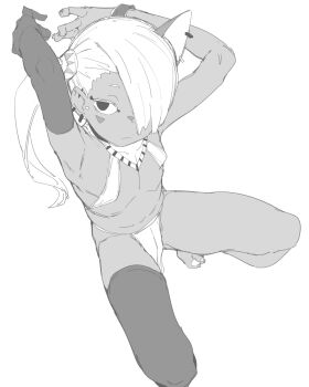 1girl absurdres adjusting_hair ancient_egyptian ancient_egyptian_clothes arms_up black_thighhighs blush blush_stickers bracelet covered_erect_nipples dark-skinned_female dark_skin earrings elbow_gloves flat_chest gloves greyscale hair_over_one_eye highres jewelry loli looking_at_viewer monochrome multiple_earrings no_pupils one_eye_covered original overdrawn_eyeliner pelvic_curtain revealing_clothes simple_background single_animal_ear single_elbow_glove single_glove single_thighhigh sling_bikini_top solo squatting striped_clothes thighhighs white_background zettai_yarumoni