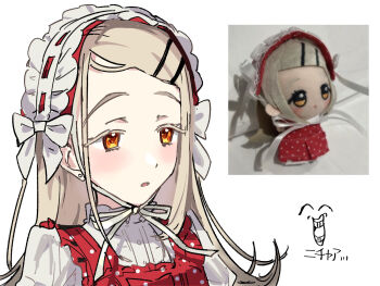  1girl blonde_hair blush bonnet bow chibigurumi chinstrap collared_shirt colored_eyelashes commentary_request dress earrings flipped_hair gakuen_idolmaster gradient_hair grey_hair highres idolmaster jewelry lolita_fashion long_hair looking_ahead multicolored_hair open_mouth orange_eyes parted_bangs photo_inset pinafore_dress polka_dot polka_dot_dress red_dress reference_inset shinosawa_hiro shirt sleeveless sleeveless_dress solo stud_earrings sumomo_otome upper_body white_bonnet white_bow white_shirt 