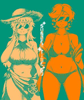 2girls adjusting_eyewear antti_ukkola bikini breasts cleavage commentary cowboy_shot dithering dori_(zeroranger) english_commentary english_text finger_on_eyewear green_background green_theme hat jacket jacket_partially_removed large_breasts limited_palette logo long_hair medium_breasts mido_(zeroranger) multiple_girls navel official_art orange_theme pixel_art pretzel_bikini sarong short_hair siblings simple_background sisters smile sparkle standing straight-on straw_hat summer sunglasses swimsuit wheel_of_dharma zeroranger 