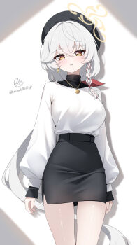  1girl alternate_costume beret black_hat black_skirt blue_archive blush braid breasts commentary_request cowboy_shot earrings eri_(blue_archive) hair_between_eyes halo hat highres jewelry large_breasts long_hair long_sleeves looking_at_viewer multicolored_hair necklace parted_lips pencil_skirt red_streaks shirt shirt_tucked_in signature single_earring skirt solo streaked_hair twitter_username umou_(may65879) very_long_hair white_hair white_shirt yellow_eyes yellow_halo 