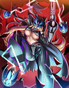1girl absurdres ankle_gun arms_up beelstarmon belt black_belt black_boots black_coat black_gloves black_pants black_vest blonde_hair blue_mask boots breasts chromatic_aberration coat commentary_request cropped_vest digimon digimon_(creature) eye_mask firing fly_bullet full_body glint gloves glowing glowing_eye grin gun high_heels highres holding holding_gun holding_weapon large_breasts leather leather_pants lipstick long_hair looking_at_viewer makeup mask multiple-barrel_gun navel open_clothes open_coat pants partial_commentary purple_eyes purple_lips red_background ruto_(rutoo0360) sidelocks smile solo stomach third_eye tight_clothes tight_pants underboob vest weapon zipper