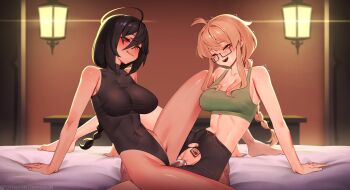  1boy 2girls ahoge arm_support artoria_(artorius) backlighting bare_arms bare_legs bare_shoulders bike_shorts black_hair black_leotard black_shorts blue_eyes blush borrowed_character braid braided_ponytail breasts brown_eyes cleavage clothed_female_nude_male collarbone commentary commission covered_navel cum cum_in_pussy cum_overflow english_commentary ffm_threesome girl_on_top green_tank_top group_sex heattech_leotard hetero highleg highleg_leotard highres indie_virtual_youtuber large_breasts leotard linea_alba long_hair looking_at_viewer looking_over_eyewear medium_breasts midriff multiple_girls nude on_bed orange_hair original penis pov pov_crotch pubic_tattoo rectangular_eyewear semi-rimless_eyewear sex shorts tan tank_top tattoo threesome torn_bike_shorts torn_clothes tostantan turtleneck uncensored under-rim_eyewear vaginal variant_set very_long_hair virtual_youtuber whiskey_project 