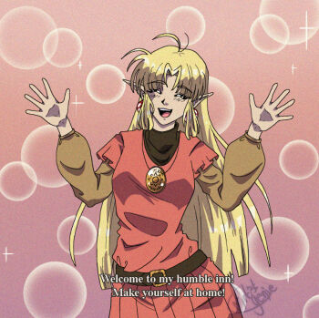 1990s_(style) 1girl ^_^ ahoge anime_coloring belt blonde_hair bubble closed_eyes commission commissioner_upload deltaflareon dress earrings english_text fake_screenshot film_grain flat_chest happy jewelry long_hair long_sleeves lotte_farona necklace official_art open_hands open_mouth orange_dress orange_shirt parted_bangs pendant pink_background pointy_ears retro_artstyle shirt signature smile solo subtitled ways_of_darkness_(series) 