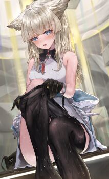  1girl absurdres animal_ears arknights arknights:_endfield bare_shoulders black_gloves black_pantyhose blue_eyes blue_hair clothes_pull commentary_request dress gloves grey_hair highres long_hair looking_at_viewer nekoplanetouo pantyhose pantyhose_pull parted_lips perlica_(arknights) sitting sleeveless sleeveless_dress solo teeth upper_teeth_only wet wet_clothes wet_pantyhose white_dress 
