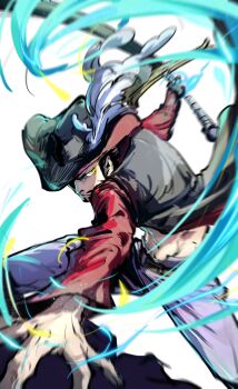  1boy black_hair closed_mouth coat dracule_mihawk facial_hair hat_feather highres holding holding_sword holding_weapon incoming_attack male_focus mustache one_piece ringed_eyes simple_background solo sword weapon white_background yellow_eyes yuan_jessie0430  rating:General score:0 user:danbooru