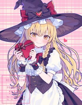  1girl apron artist_name black_bow black_skirt black_vest blonde_hair blush bow box braid buttons closed_mouth commentary cowboy_shot ctd_114 frilled_apron frilled_wrist_cuffs frills hair_bow hat hat_bow heart-shaped_box heart_button highres holding holding_box kirisame_marisa long_hair looking_at_viewer pink_background red_bow ribbon shirt short_sleeves single_braid skirt skirt_set smile solo striped_ribbon sweatdrop touhou turtleneck turtleneck_shirt valentine vest waist_apron watermark white_apron white_shirt wrist_cuffs yellow_eyes 