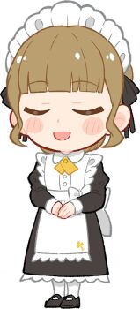  1girl :d apron black_dress black_shoes blunt_bangs blush brown_hair chibi chibi_only cho_toutoi_love closed_eyes dress facing_viewer frilled_apron frills full_body game_cg hair_bun juliet_sleeves kachimachi_kosuzu link!_like!_love_live! long_sleeves love_live! maid maid_apron maid_headdress mary_janes non-web_source official_art open_mouth own_hands_together pantyhose puffy_sleeves sakuma_yoru self-datamine shoes sidelocks simple_background single_hair_bun smile solo standing tachi-e transparent_background u_u virtual_youtuber white_apron white_pantyhose 