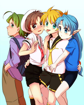  4boys aged_down back-to-back backpack bag bass_clef behind_another between_legs bishoujo_senshi_sailor_moon bishoujo_senshi_sailor_moon_supers black_leg_warmers black_sailor_collar black_shorts blonde_hair blue_bag blue_eyes blue_hair blue_shirt blush boy_sandwich brown_eyes brown_hair brown_pants cardcaptor_sakura closed_mouth commentary_request crossover earrings feet_out_of_frame fish_eye_(sailor_moon) flustered gradient_background green_eyes green_hair hair_ornament hand_in_pocket hand_on_another's_hip hand_up hands_on_another's_stomach hug hug_from_behind jewelry kagamine_len knees kujirai_sato leg_warmers li_syaoran long_hair looking_at_another looking_at_viewer low-tied_long_hair male_focus multiple_boys neckerchief necktie ojamajo_doremi open_mouth pants parted_lips pocket pointy_ears profile purple_shirt red_neckerchief sailor_collar sandwiched shirt short_hair short_shorts short_sleeves shorts shota sphere_earrings sphere_hair_ornament standing tongue tongue_out trap very_long_hair vocaloid white_hair white_sailor_collar white_shirt yada_masaru yaoi yellow_necktie yellow_trim 