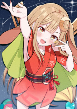  1girl absurdres animal_ears arm_up armpits blonde_hair blush cho_kaguya-hime! commentary_request crescent crescent_hair_ornament from_above hair_ornament highres hosinonana japanese_clothes kaguya_(cho_kaguya-hime!) kimono long_hair looking_at_viewer open_mouth orange_eyes rabbit_ears red_kimono sky star_(sky) starry_sky straight_hair 