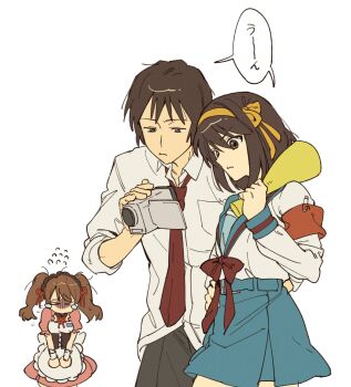  1boy 2girls asahina_mikuru blue_skirt highres kita_high_school_uniform kkoo7 kyon multiple_girls sailor_collar school_uniform serafuku skirt sos_brigade suzumiya_haruhi suzumiya_haruhi_no_yuuutsu 