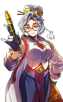  1girl absurdres baehee5502 black_gloves black_pants breasts coat commentary_request cowboy_shot dated eyeshadow flute glasses gloves gold_trim grey_hair hair_ornament hair_stick hairband hairclip half_gloves hand_on_own_hip highres holding holding_flute holding_instrument instrument korean_commentary long_coat makeup medium_breasts nintendo pants parted_bangs purah red-framed_eyewear red_eyes red_eyeshadow red_hairband round_eyewear sheikah smile solo the_legend_of_zelda the_legend_of_zelda:_tears_of_the_kingdom updo vest white_background white_coat white_vest 