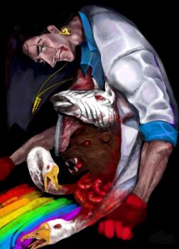  animal_head bear bird black_hair blue_trim character_request check_character coat dieantwoord2580 earrings exposed_gusset gloves goose green_eyes grin guro hammer_and_sickle hotline_miami intestines jewelry looking_at_viewer necklace open_clothes open_coat rainbow red_gloves scar scar_across_eye scar_on_face smile son_(hotline_miami) toned toned_male white_coat zebra 