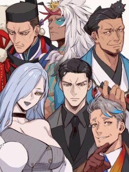 1girl 5boys asymmetrical_hair black_hair blonde_hair blue_eyes blue_lips blue_streaks blue_tattoo breasts brown_eyes chest_tattoo choker cleavage dark-skinned_male dark_skin facial_hair facial_tattoo fangs fate/grand_order fate_(series) fujiwara_no_michinaga_(fate) gloves grey_eyes grey_hair hair_over_one_eye hair_slicked_back hat headband highres japanese_clothes jewelry katsu_kaishuu_(fate) kikakubonko kimono large_breasts long_hair looking_at_viewer magatama magatama_necklace makeup hebi_nyoubou_(fate) multicolored_hair multiple_boys neck_tattoo necklace necktie npc_jail open_mouth serizawa_kamo_(fate) shirt short_hair simple_background smile split-color_hair streaked_hair sweater takechi_zuizan_(fate) tattoo umisachi-hiko_(fate) white_background white_hair yellow_eyes