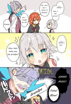  1boy 2girls 3koma blood blush bug butterfly comic facial_hair fate/apocrypha fate/grand_order fate_(series) fujimaru_ritsuka_(female) highres bug jack_the_ripper_(fate/apocrypha) james_moriarty_(archer)_(fate) kanro_ame_(ameko) multiple_girls mustache orange_hair scar short_hair side_ponytail smile translated vest white_hair  rating:Sensitive score:14 user:Len
