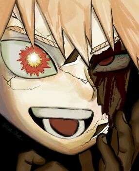  1boy arms_up bakugou_katsuki blonde_hair blood blood_on_face bloodshot_eyes boku_no_hero_academia cracked_kawaii_mask cracked_mask male_focus mask mismatched_eyes olet_olet open_mouth red_eyes rolling_eyes solo spiked_hair teeth twitter_username 