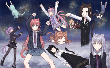  6+girls :3 afterimage ahoge ako_(blue_archive) animal_ears aqua_hair arms_up asahi_rokka bang_dream! bang_dream!_girls_band_party! bare_shoulders black_jacket black_shirt black_skirt blonde_hair blue_hair blue_skirt brown_hair brown_sweater cat cat_ears cat_girl cat_tail closed_mouth collared_shirt commentary_request dress_shirt green_skirt grey_hair grey_jacket grey_skirt haneoka_school_uniform high-waist_skirt highres hikawa_sayo imai_lisa jacket kemonomimi_mode long_hair long_skirt long_sleeves lying minato_yukina miniskirt multicolored_hair multiple_girls nyubara_reona off-shoulder_sweater off_shoulder on_back on_side on_stomach open_clothes open_jacket pink_hair pleated_skirt purple_hair purple_shirt raise_a_suilen roselia_(bang_dream!) sato_masuki school_uniform shirokane_rinko shirt skirt sky star_(sky) starry_sky streaked_hair sweater tail tail_wagging tamade_chiyu twintails wakana_rei white_jacket white_shirt yellow_eyes yukitake_(bullfalk) 