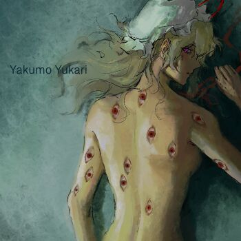  320tbsyc back backboob blonde_hair breasts character_name commentary english_commentary expressionless extra_eyes hat hat_ribbon highres long_hair looking_at_viewer looking_back mob_cap nude purple_eyes red_eyes red_ribbon ribbon simple_background touhou upper_body white_hat yakumo_yukari 